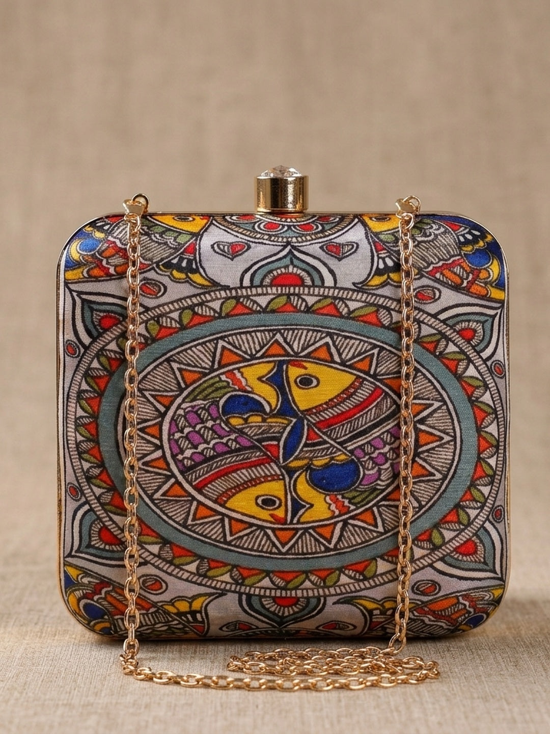 Ahana Classic — Satin Printed Clutch - Front View | SWIS-2079