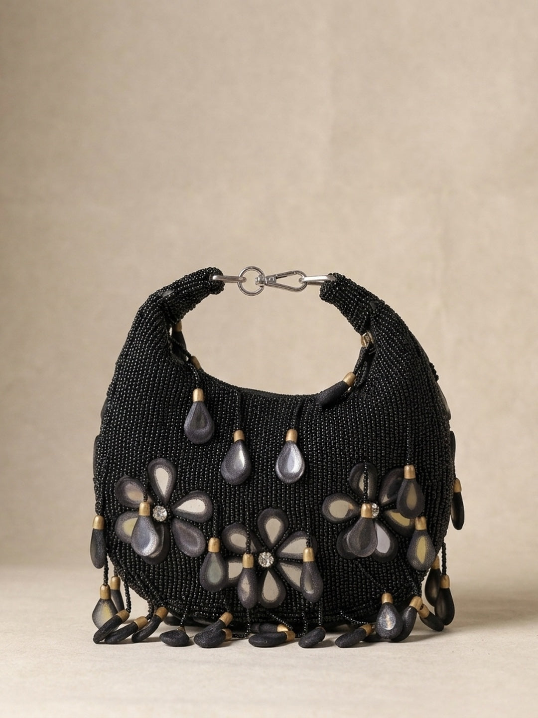 Shanaya Black Classic — Raw Silk Half Moon Bag - Front View | SWIS-2087