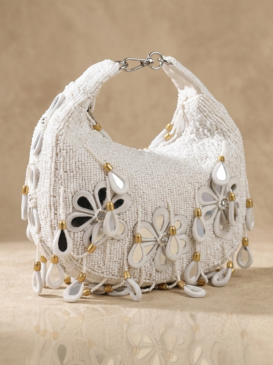 Panna White — Raw Silk Half Moon Bag - Front View | SWIS-2090