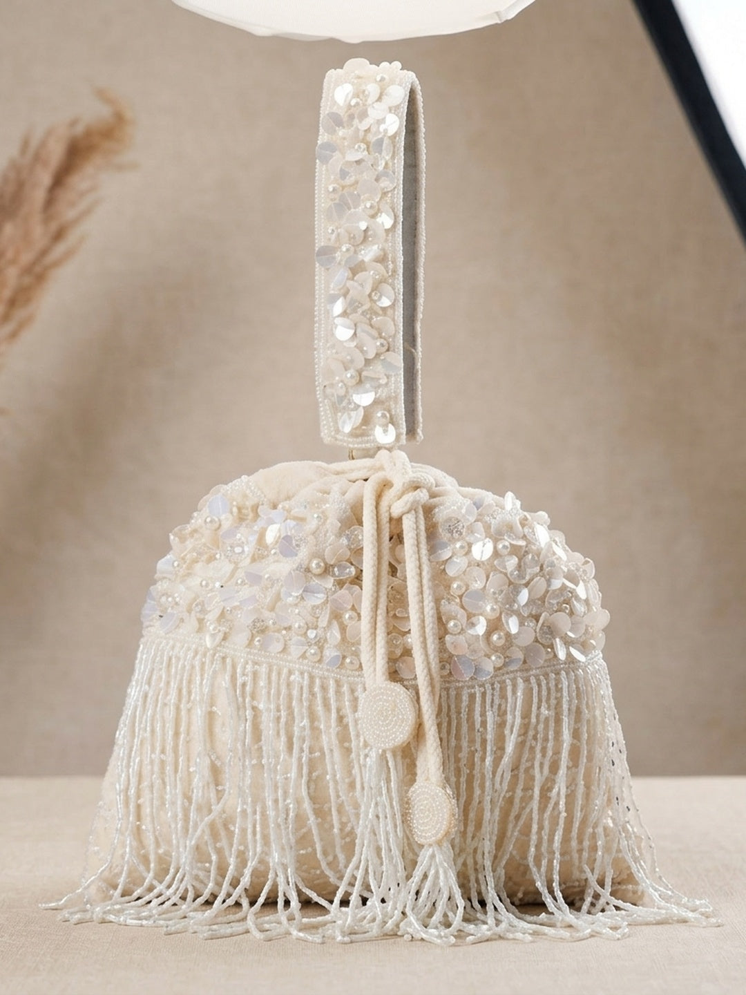 Chhavi White — Velvet Potli Bag - Front View | SWIS-2092