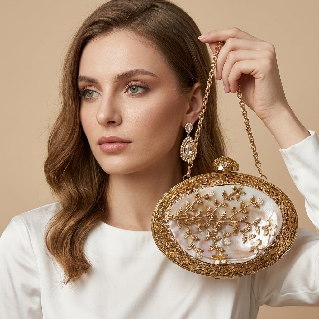 Hansika Golden — Brass Mother of Pearl Clutch - Front View | SWIS-2094