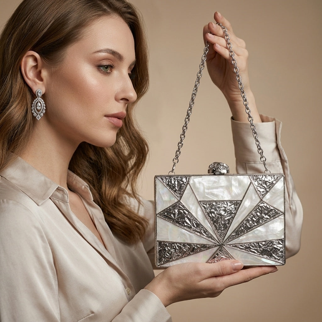 Nikita Silver — Brass Mother of Pearl Clutch - Front View | SWIS-2095