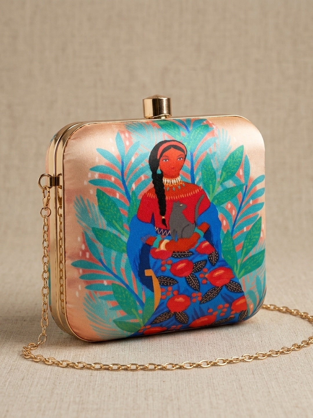 Alaya Heritage — Satin Printed Clutch - Front View | SWIS-2099