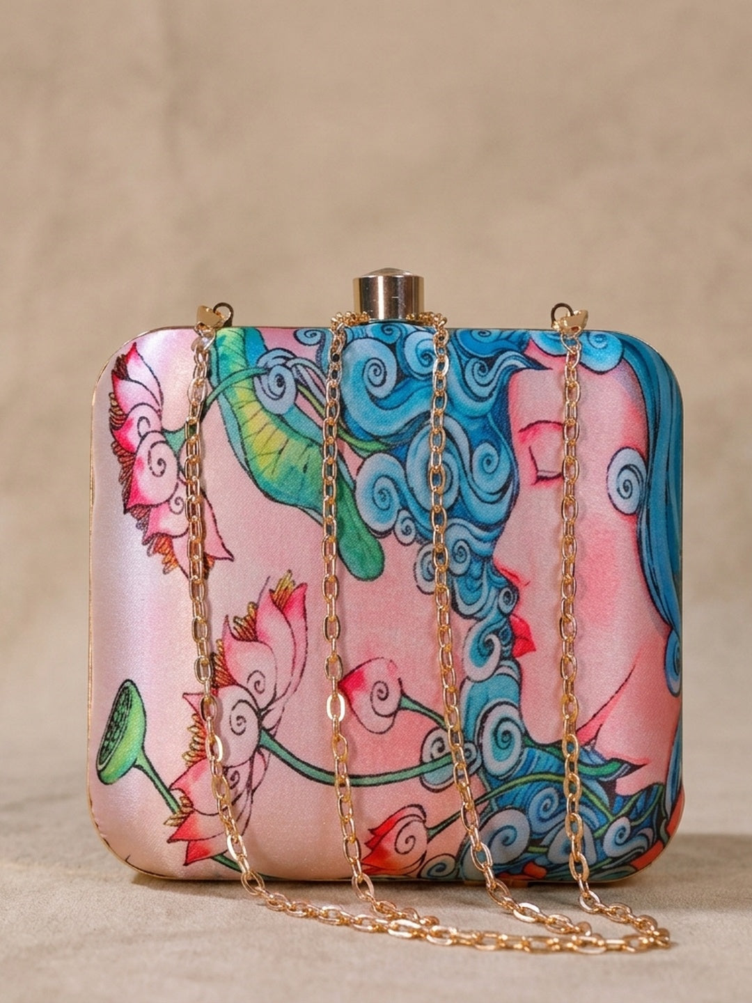 Ambar — Satin Printed Clutch - Front View | SWIS-2101