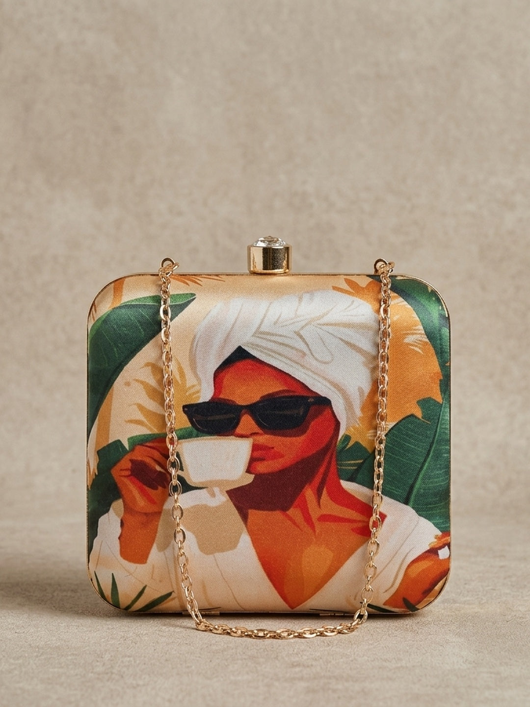 Rukhsana Classic — Satin Printed Clutch - Front View | SWIS-2109