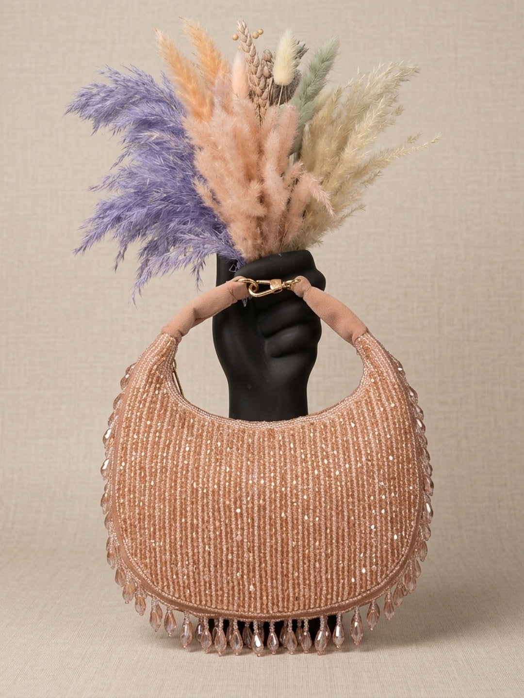 Shraddha Peach — Suede Half Moon Bag - Front View | SWIS-2146