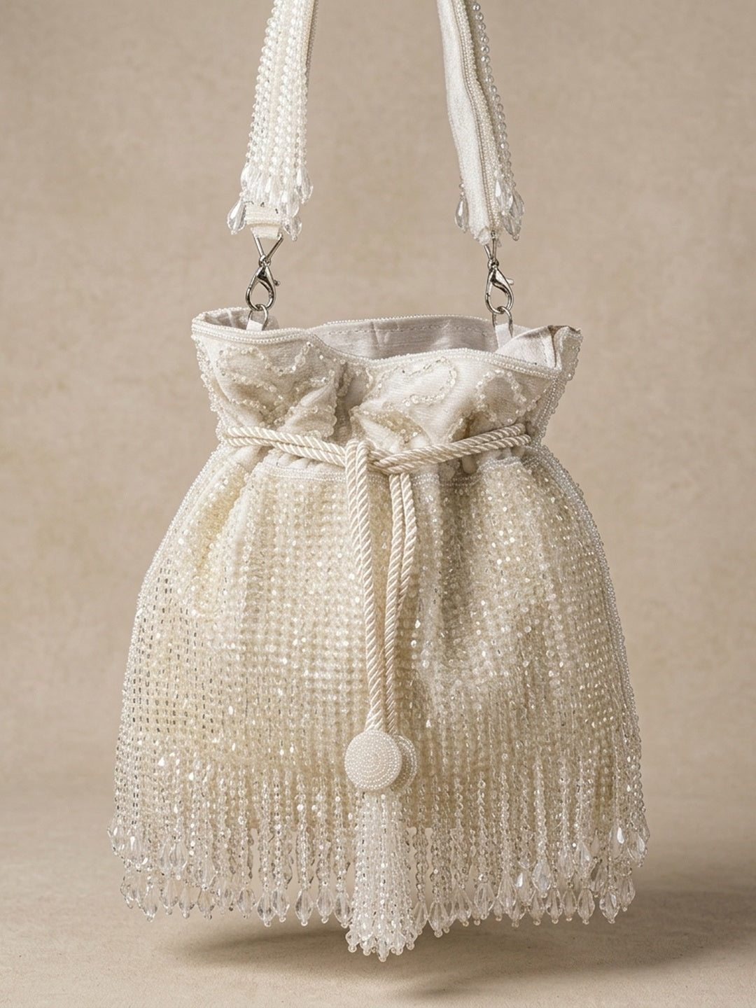 Khadija White — Raw Silk Potli Bag - Front View | SWIS-2204