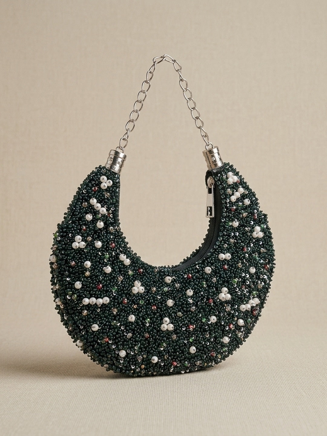 Harleen Green Classic — Raw Silk Half Moon Bag - Front View | SWIS-2309