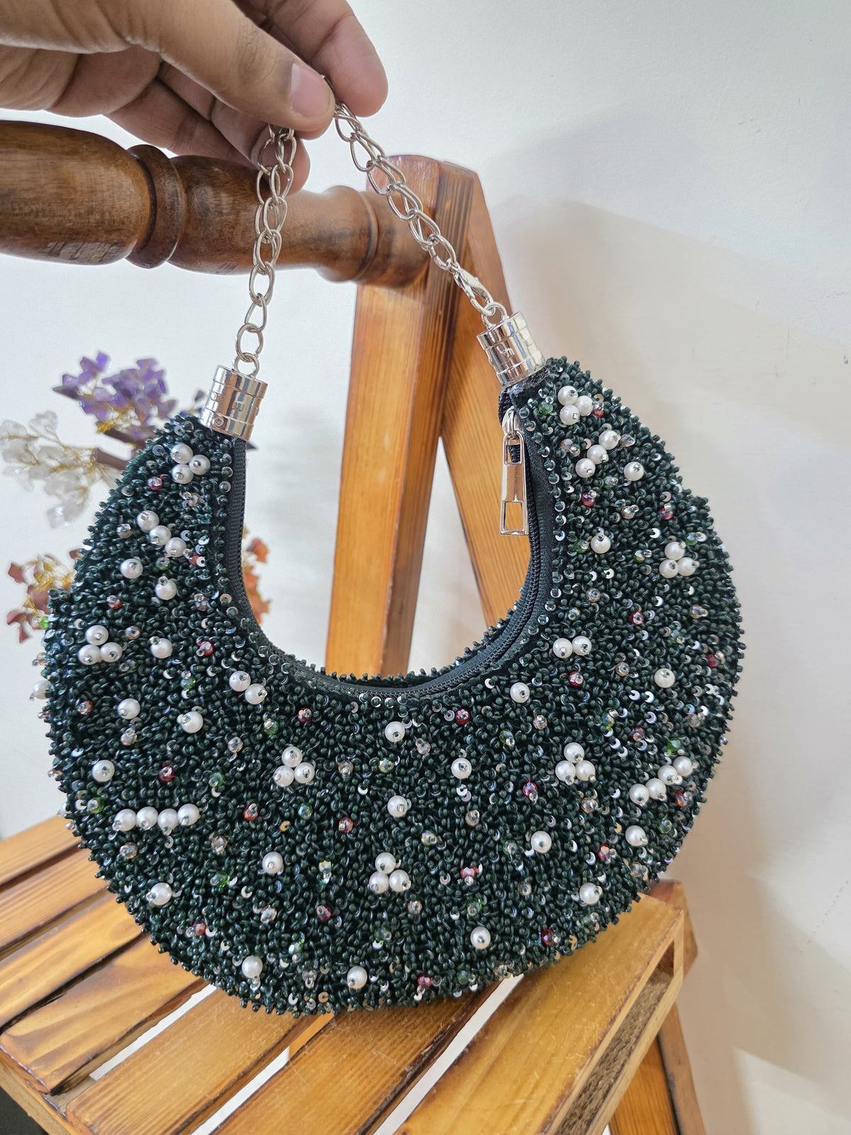 Harleen Green Classic — Raw Silk Half Moon Bag
