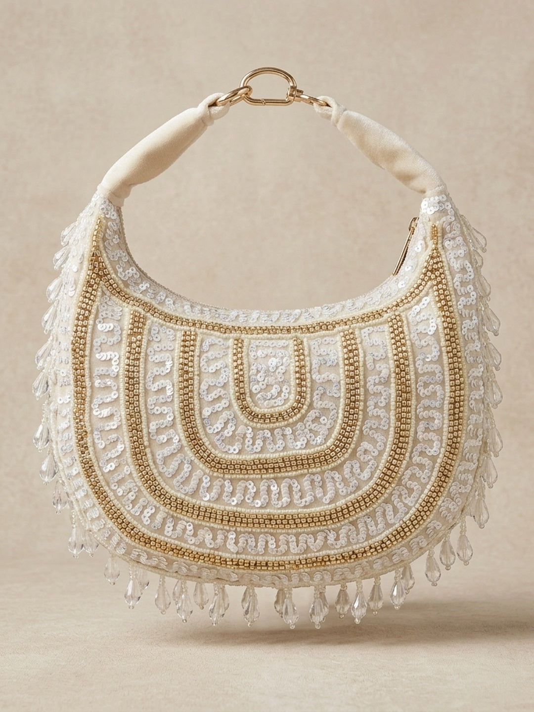 Vasundhara Beige — Suede Half Moon Bag - Front View | SWIS-2418