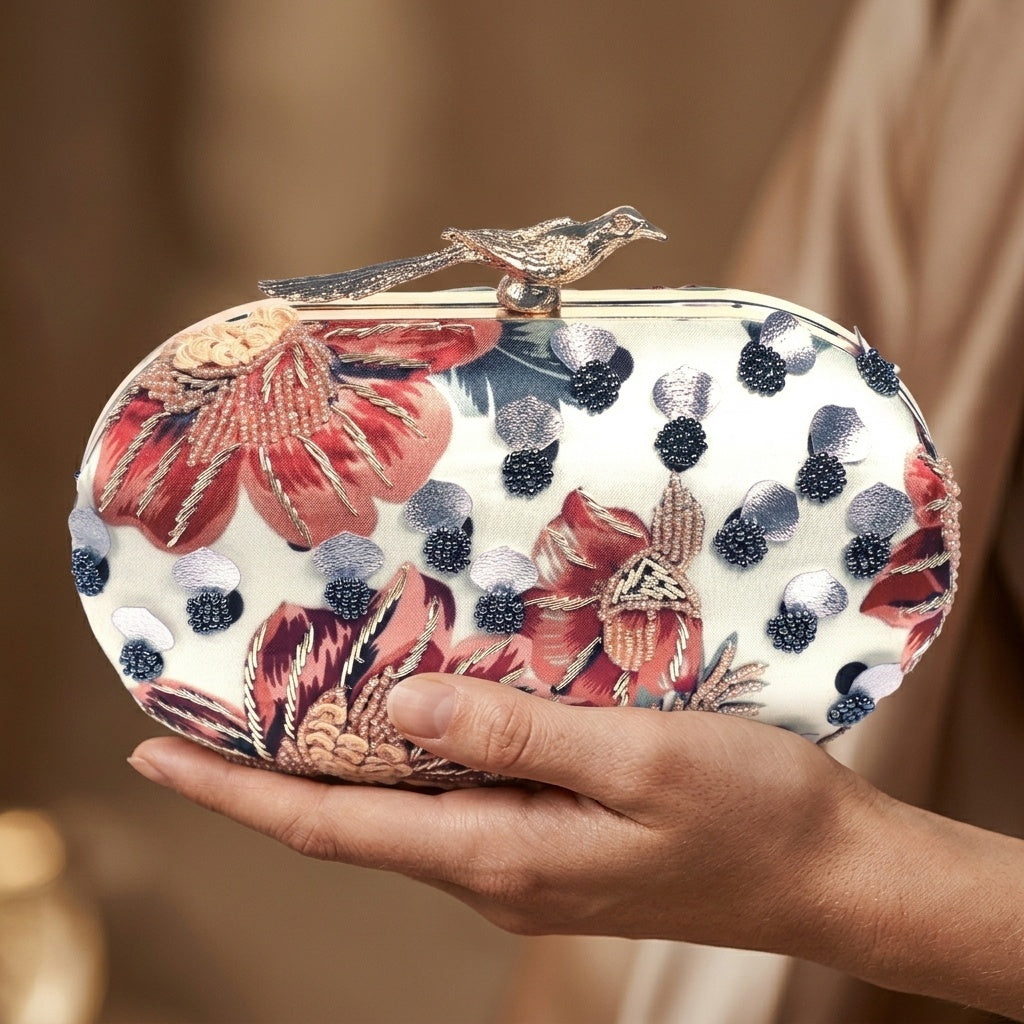 Roshni — Satin Printed Embroidered Clutch