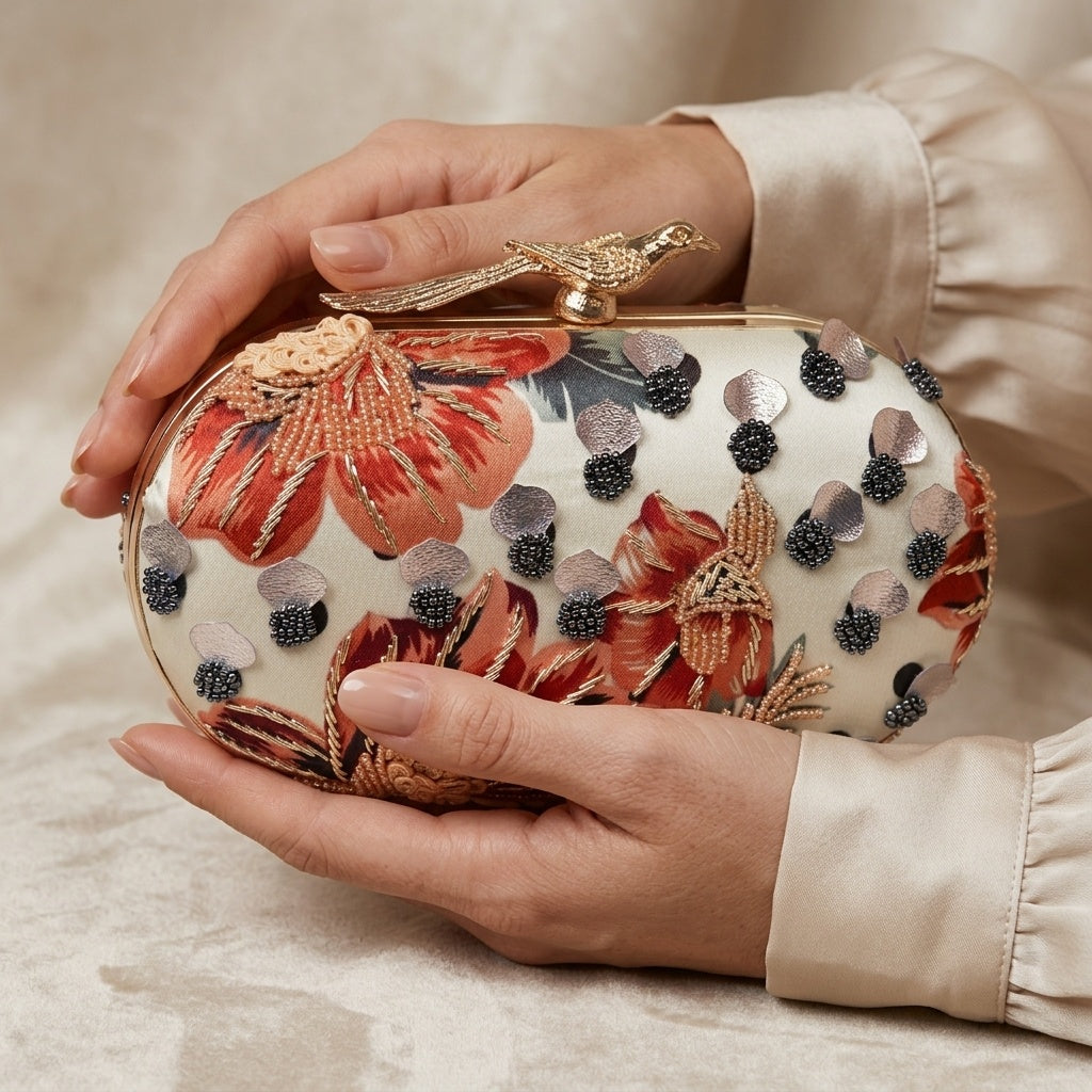 Roshni — Satin Printed Embroidered Clutch