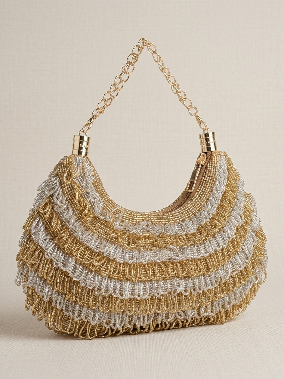 Mehr Golden — Raw Silk Half Moon Bag - Front View | SWIS-2434