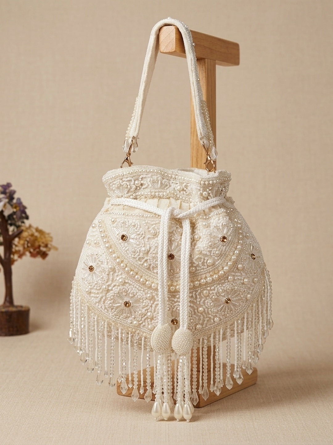 Nisha White — Raw Silk Potli Bag - Front View | SWIS-2517