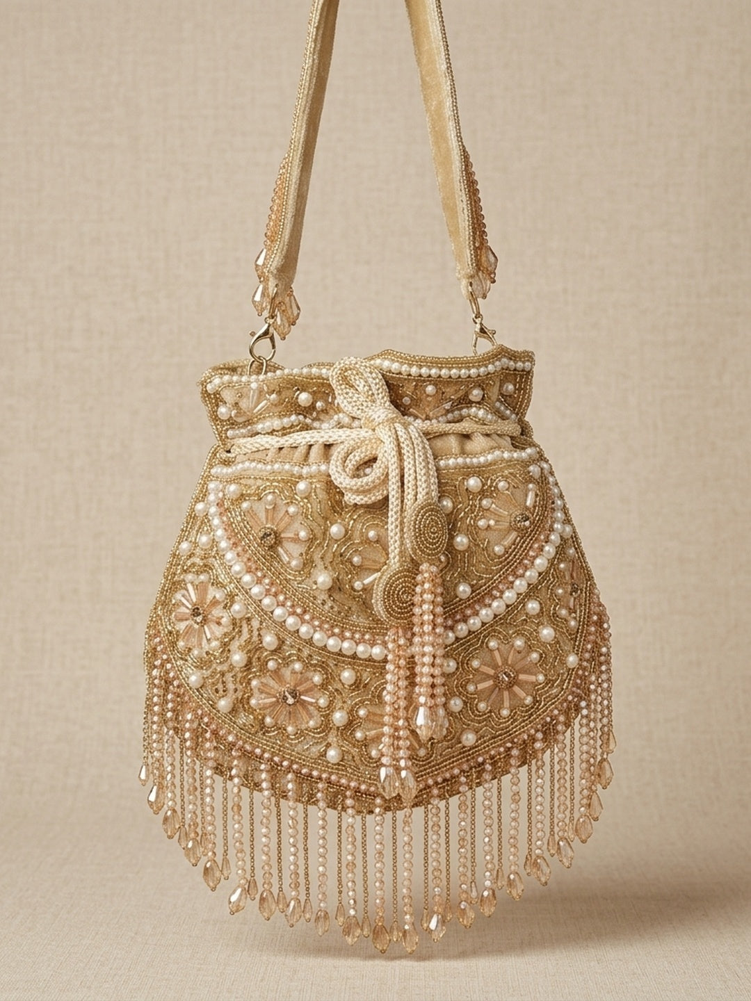 Iqra Golden Classic — Raw Silk Potli Bag - Front View | SWIS-2520