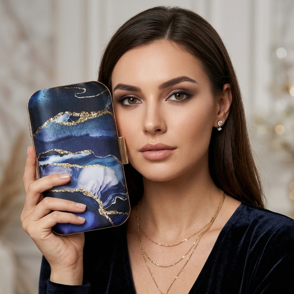 Nitara Blue — Satin Printed Clutch