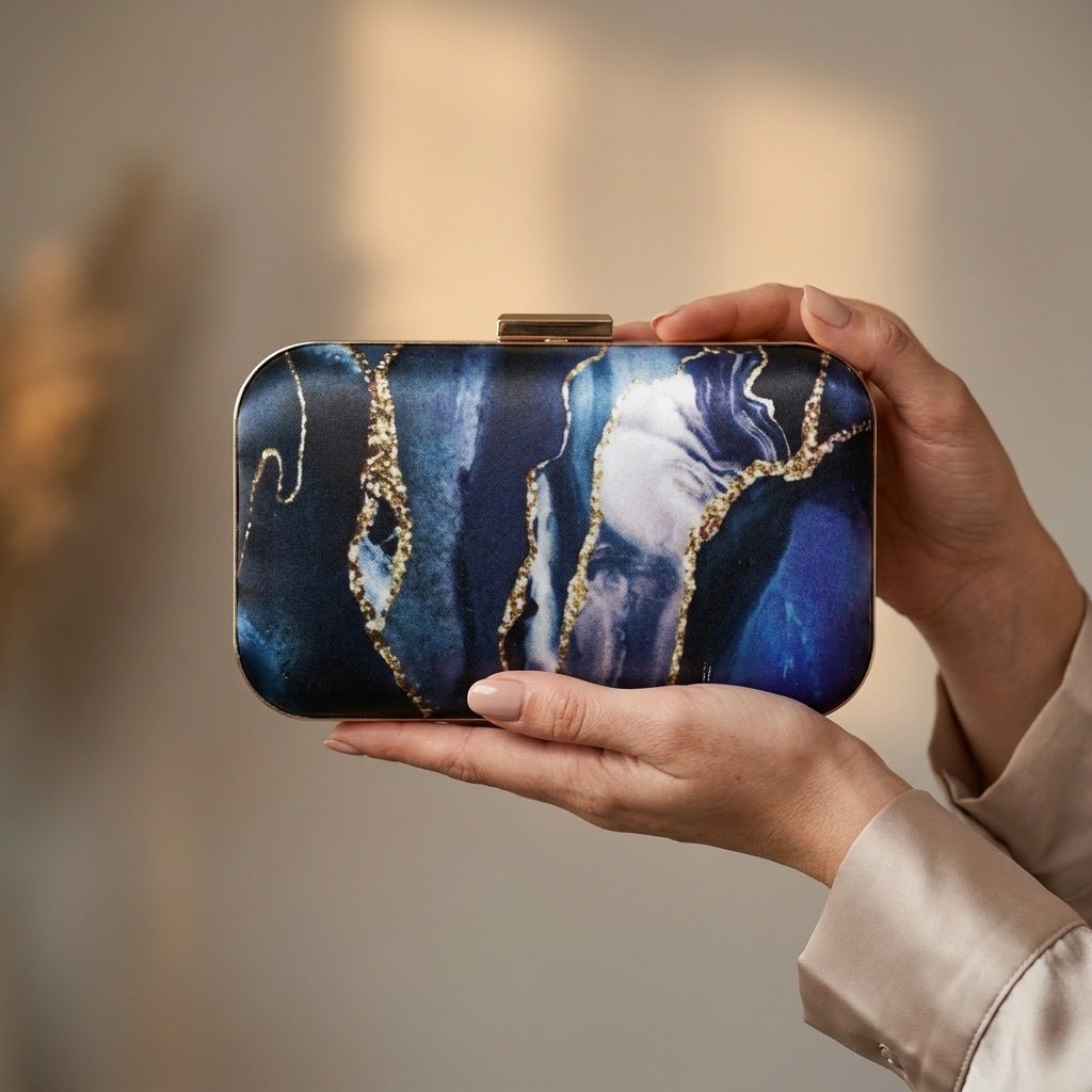 Nitara Blue — Satin Printed Clutch