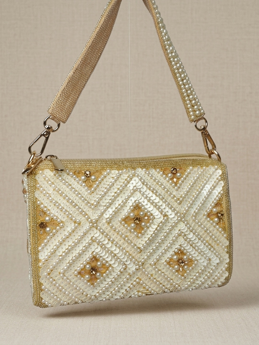 Nikita Golden — Raw Silk Flap Bag - Front View | SWIS-2610