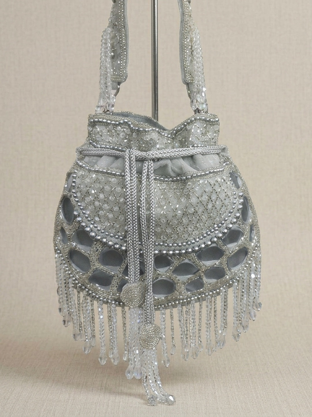 Girija White — Raw Silk Potli Bag - Front View | SWIS-2705