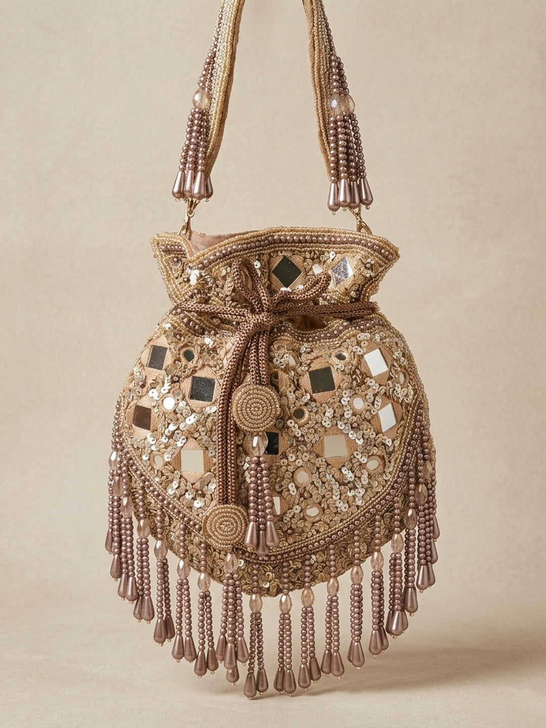 Komal Golden — Raw Silk Potli Bag - Front View | SWIS-2756