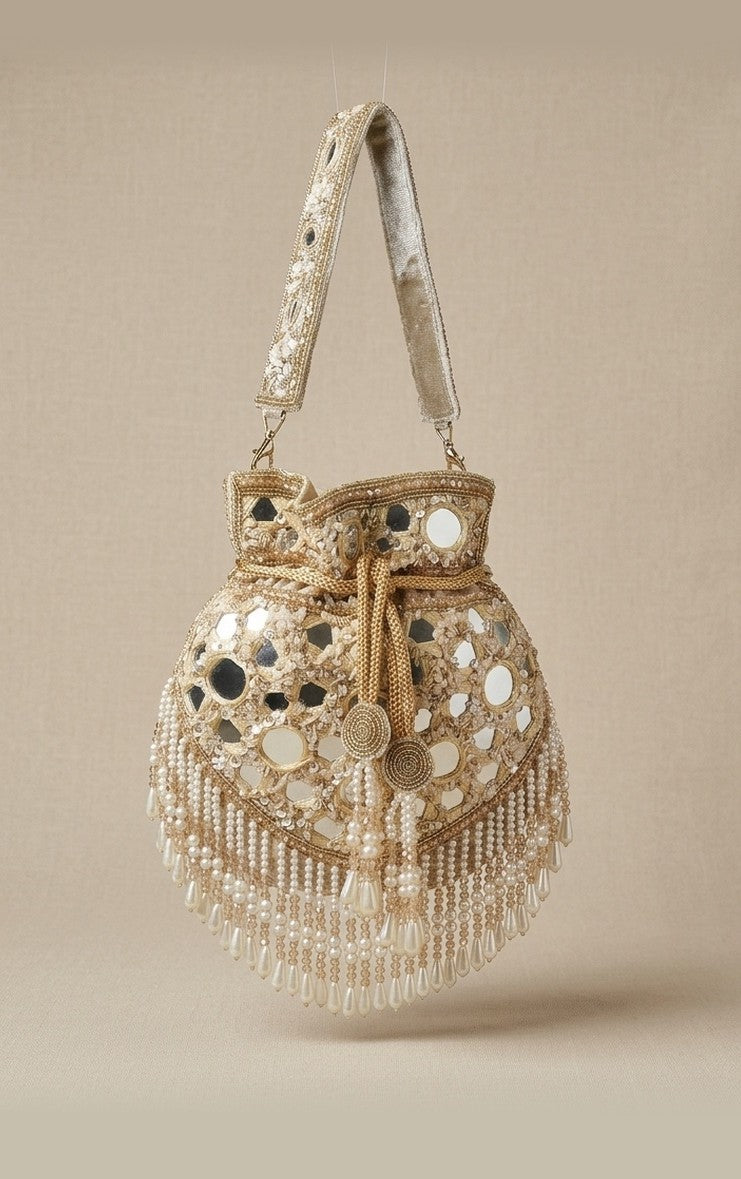 Vasanti Golden Classic — Raw Silk Potli Bag - Front View | SWIS-2758
