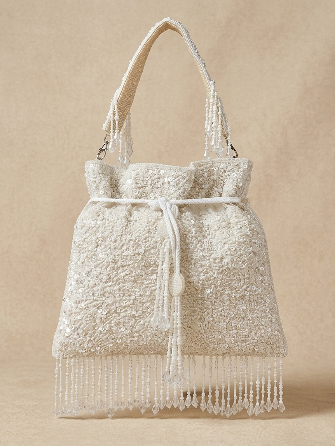 Swarnika White — Raw Silk Potli Bag - Front View | SWIS-2764