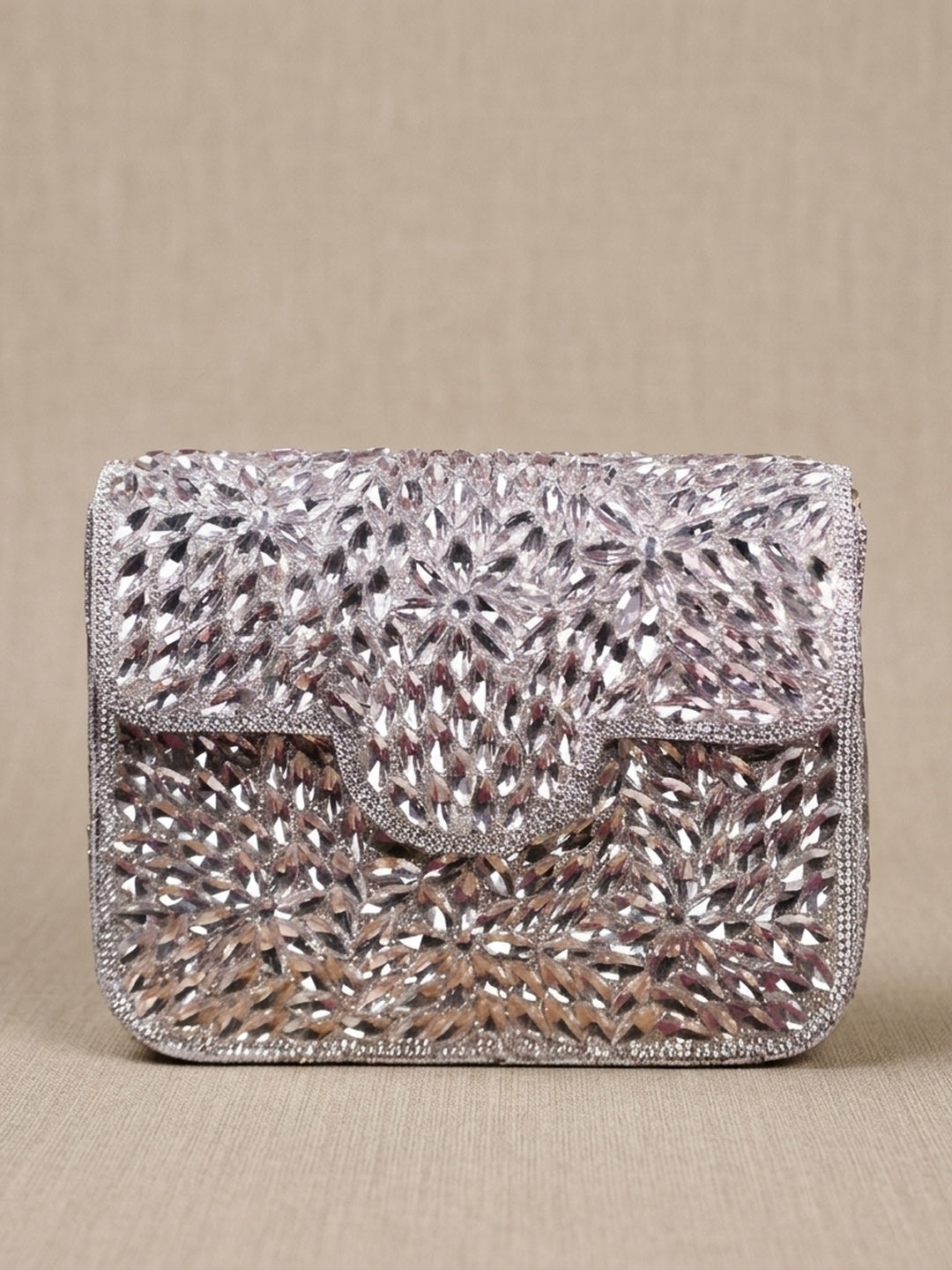 Ayesha Silver — Raw Silk Flap Bag - Front View | SWIS-3037