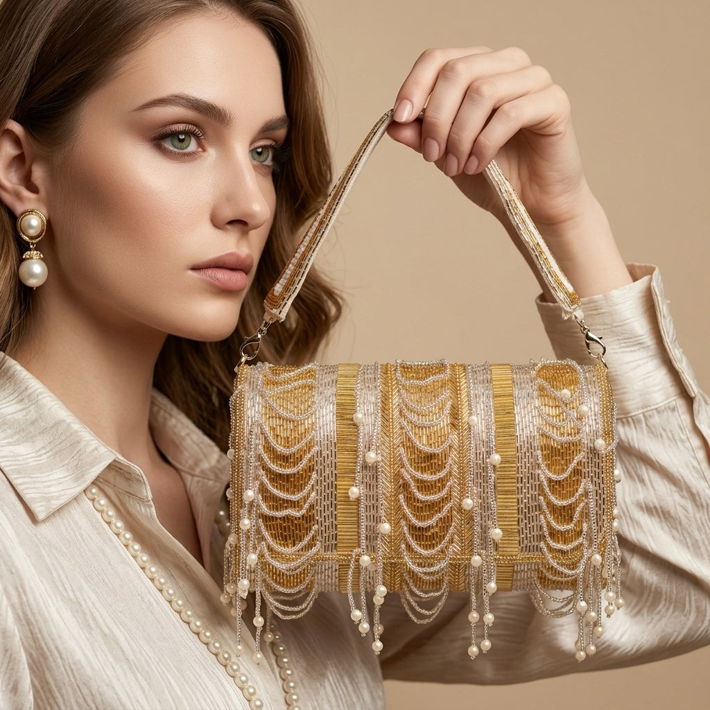 Shanaya Golden — Raw Silk Flap Bag - Front View | SWIS-3039