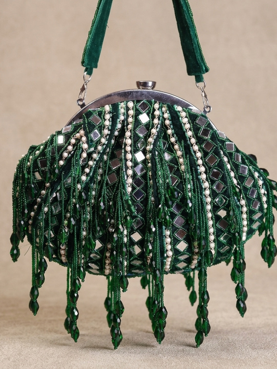 Fatima Green — Velvet Batua Bag - Front View | SWIS-3043