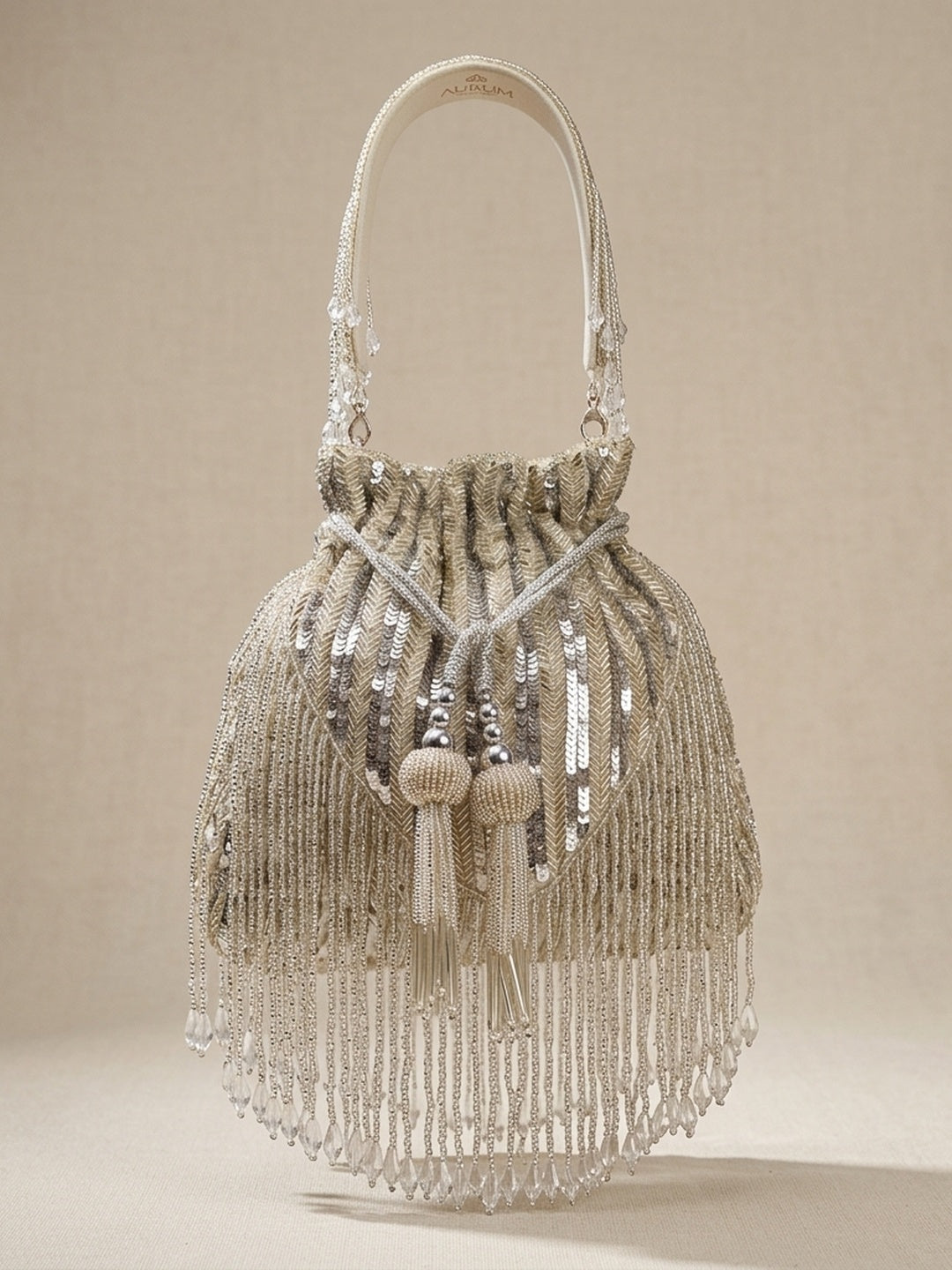 Saanvi Silver — Raw Silk Potli Bag - Front View | SWIS-3082