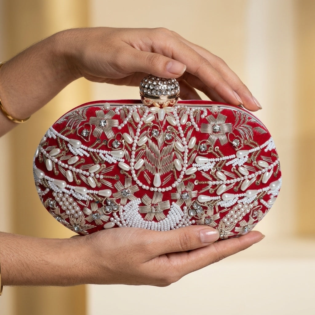 Madhuri Red — Velvet Embroidered Clutch