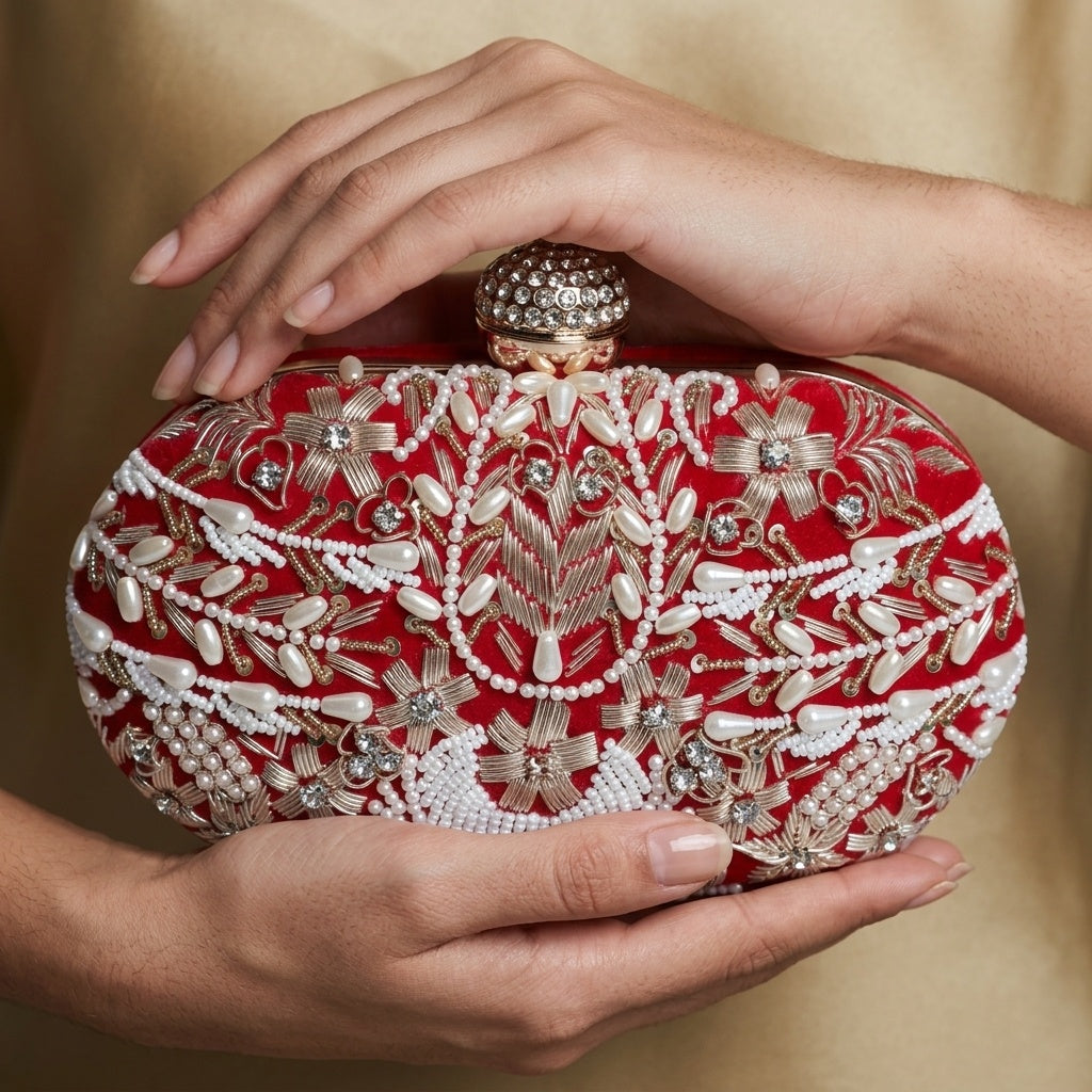 Madhuri Red — Velvet Embroidered Clutch