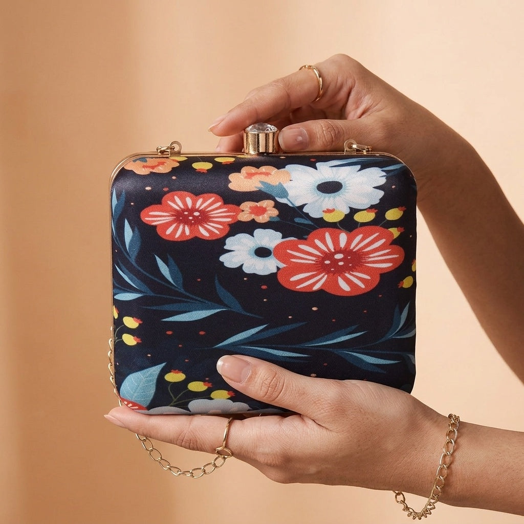 Ayra Navy Blue — Satin Printed Clutch