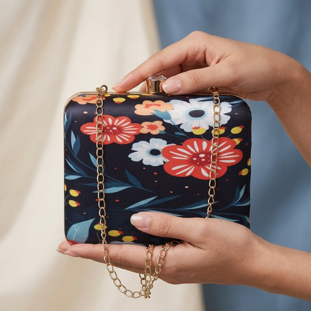Ayra Navy Blue — Satin Printed Clutch