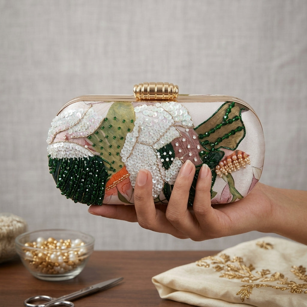 Nupur — Satin Printed Embroidered Clutch - Front View | SWIS-3273