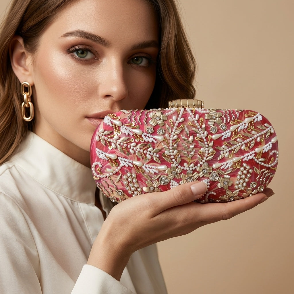 Kadambari — Satin Printed Embroidered Clutch - Front View | SWIS-3275
