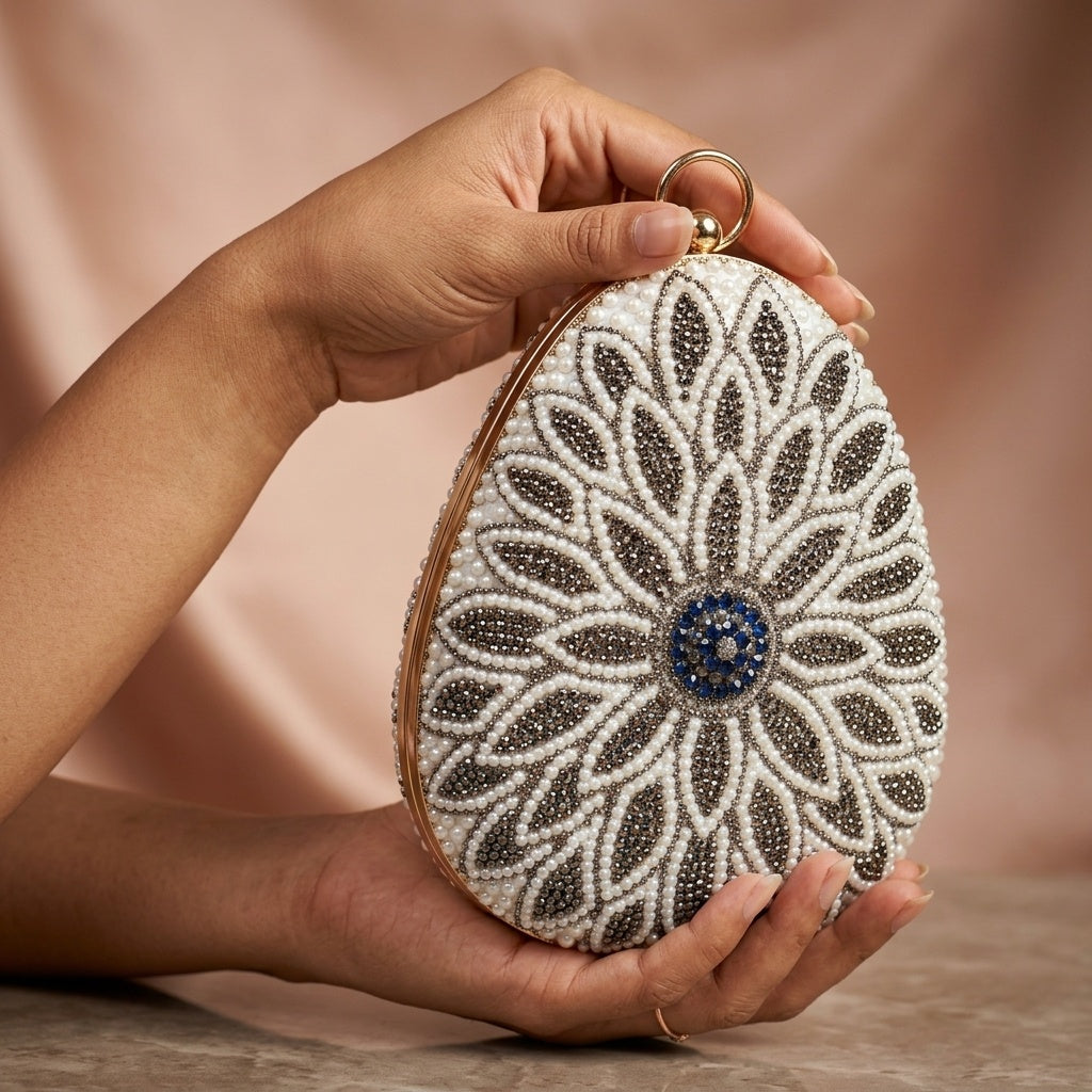 Aryahi White — Raw Silk Embroidered Clutch