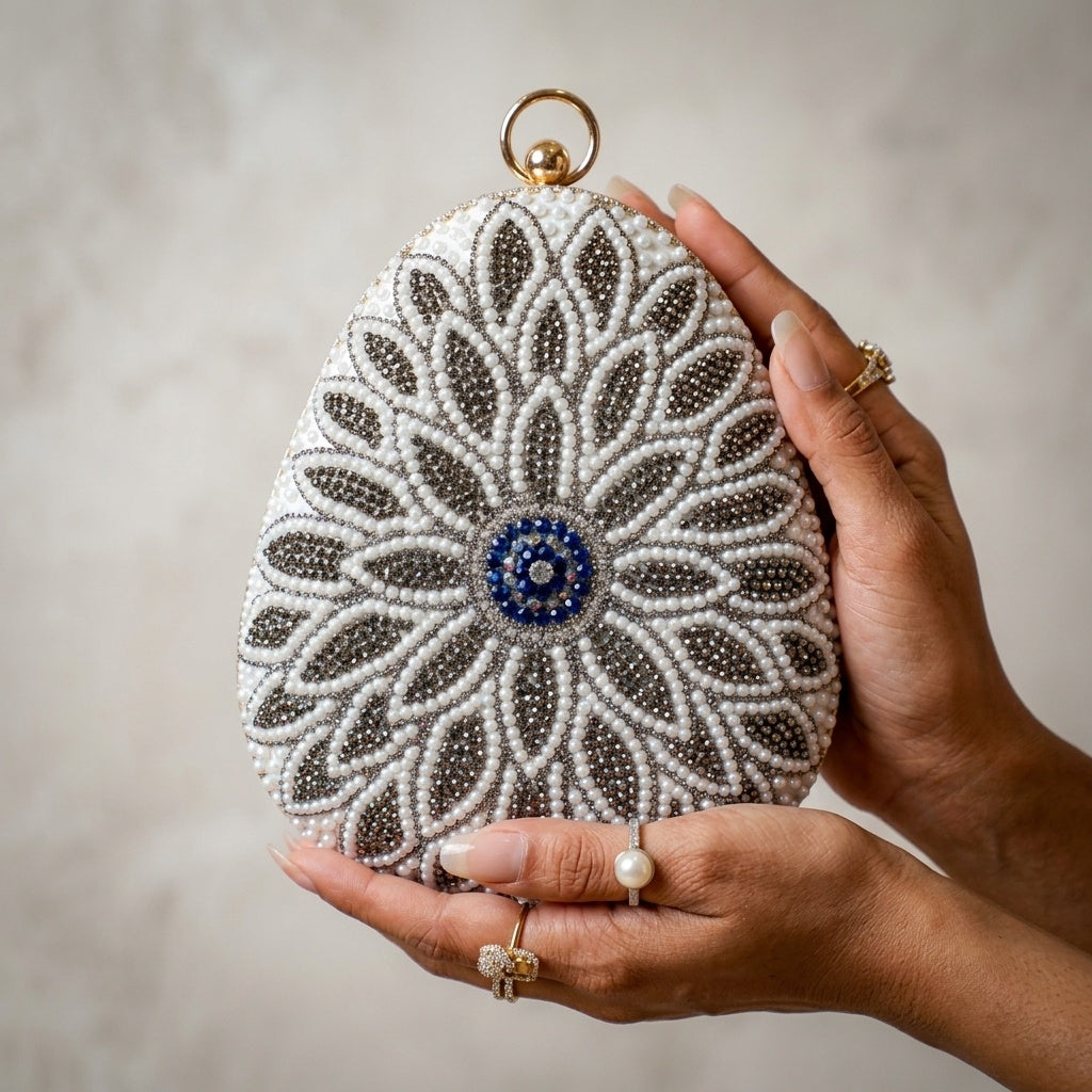 Aryahi White — Raw Silk Embroidered Clutch