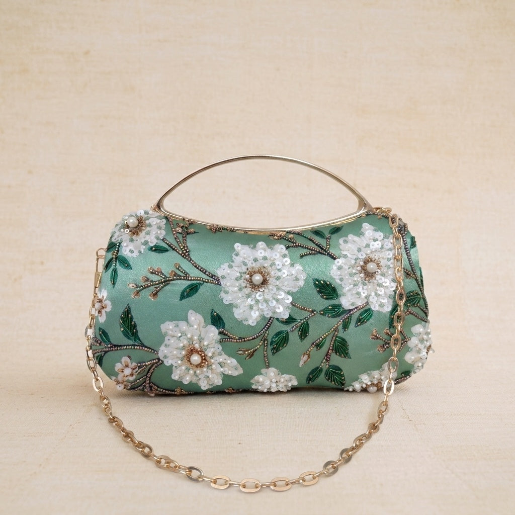 Amodini Green — Satin Printed Embroidered Clutch - Front View | SWIS-3453