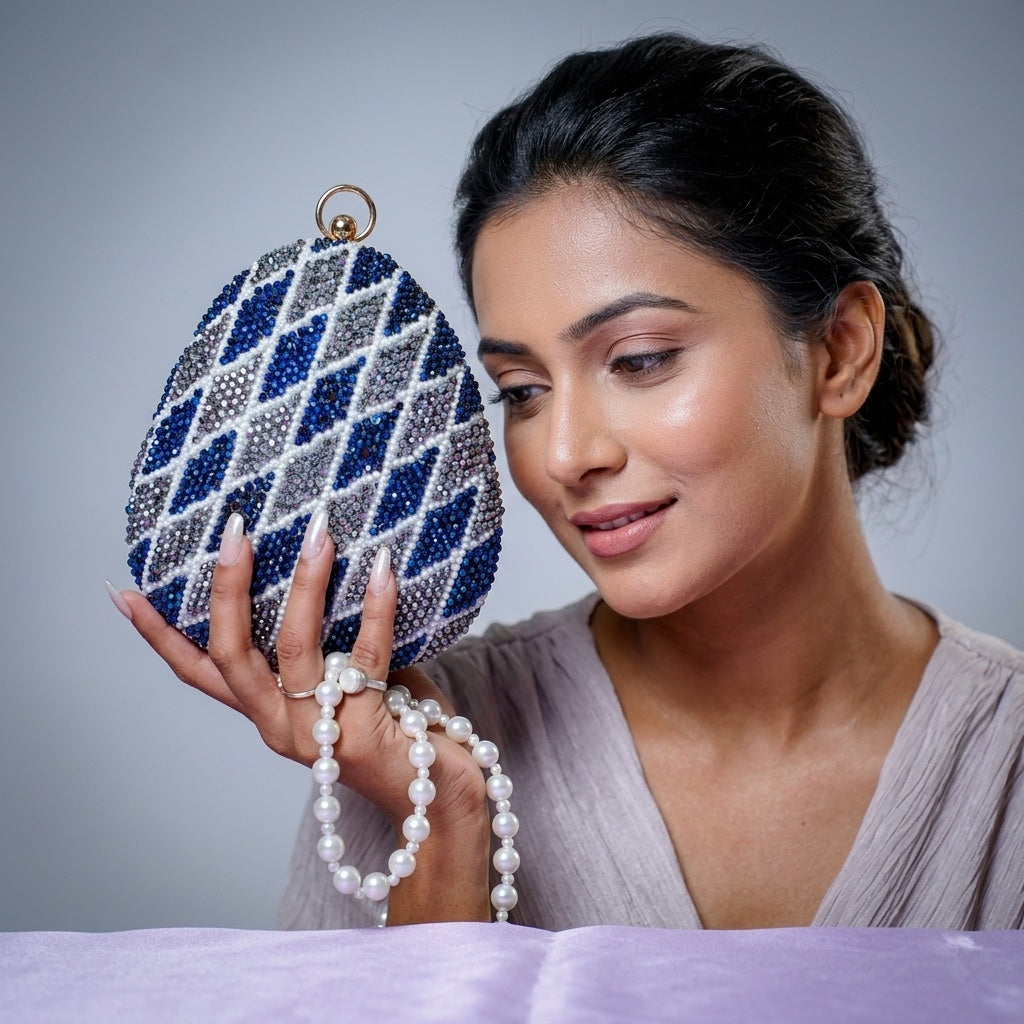 Ksheera Navy Blue — Raw Silk Embroidered Clutch