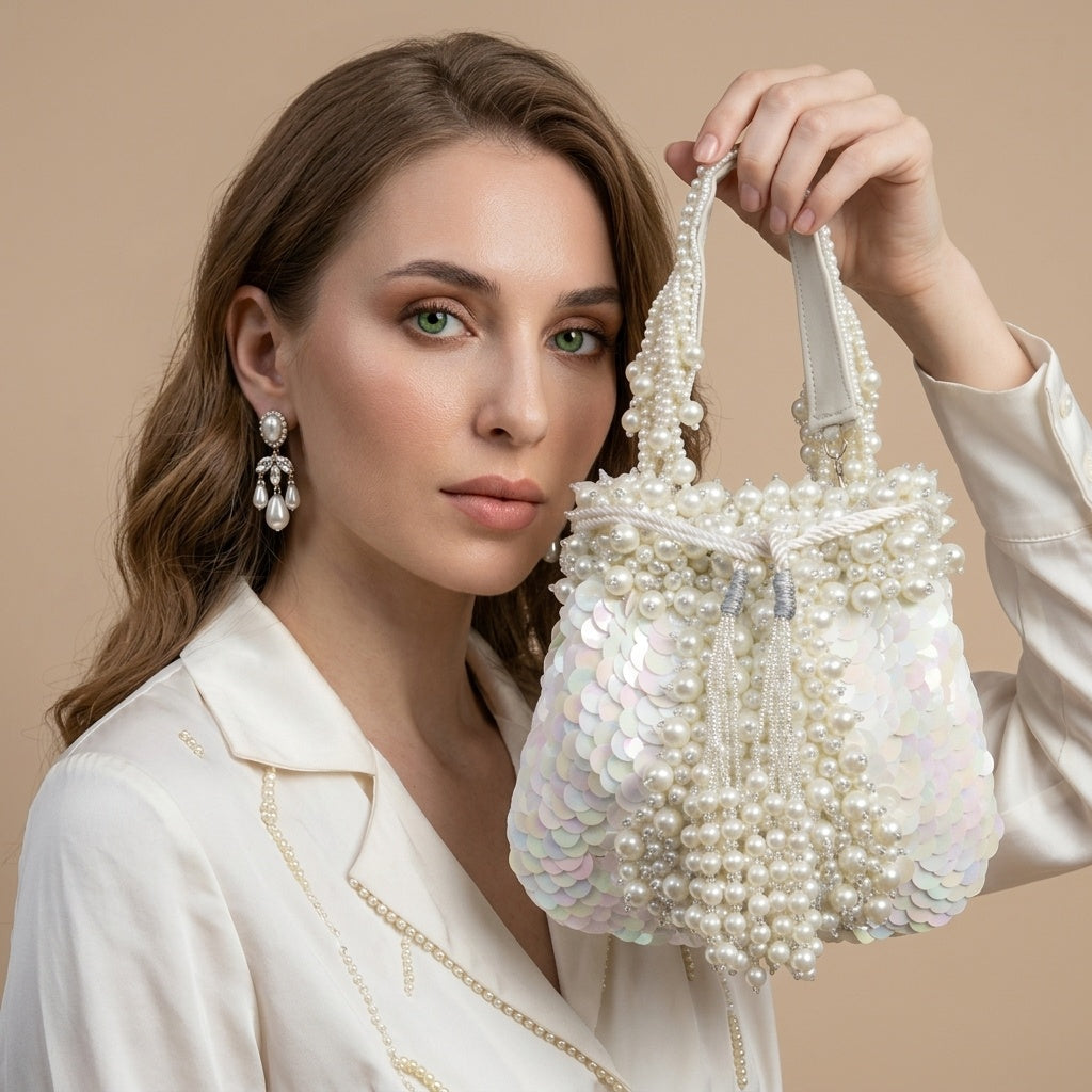 Sahar White — Raw Silk Potli Bag - Front View | SWIS-3466