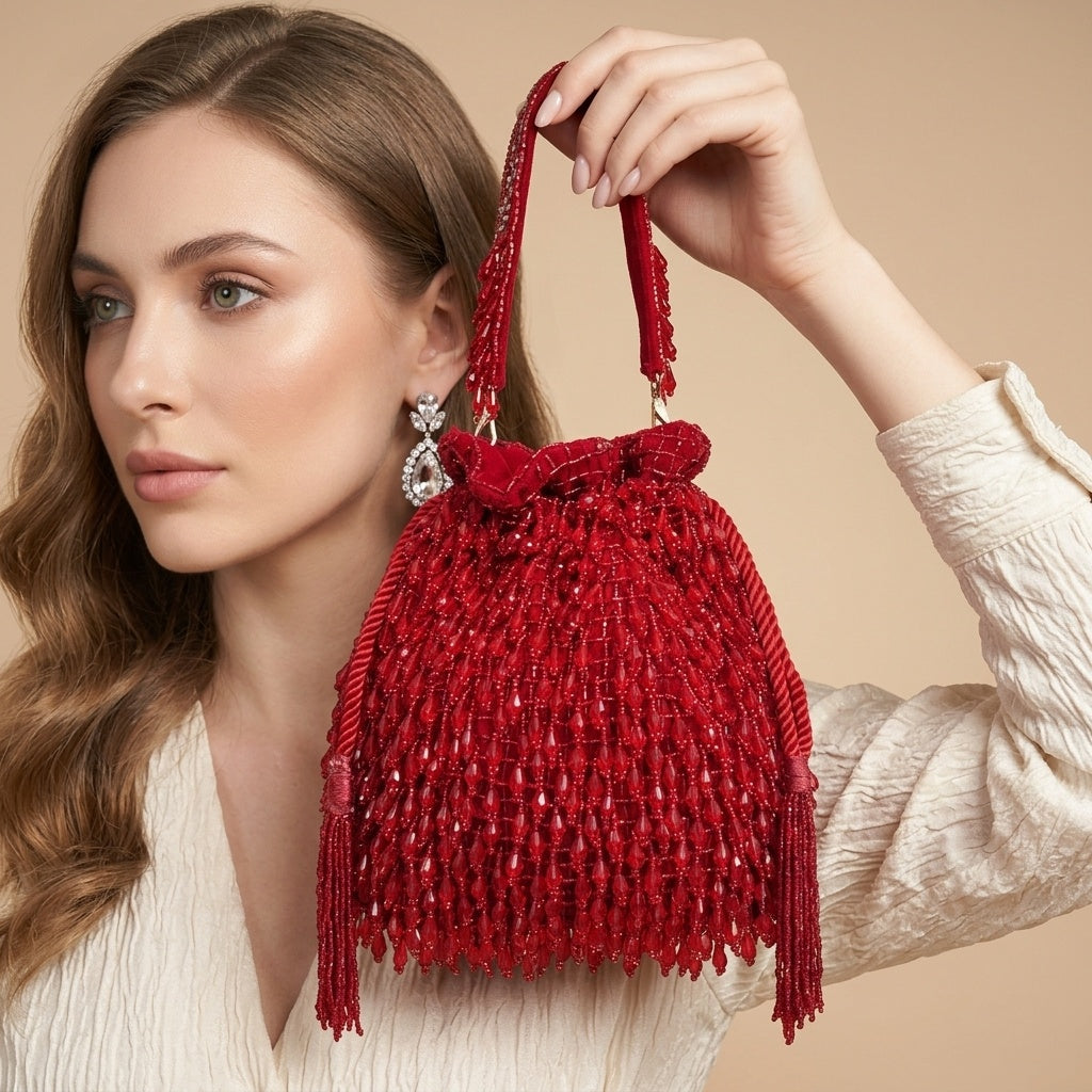 Ramya Red — Velvet Potli Bag - Front View | SWIS-3527