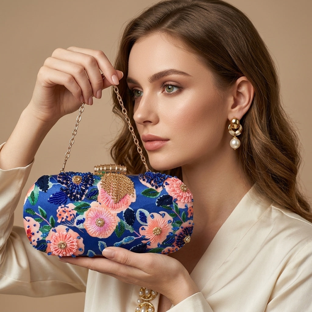 Indira Blue — Satin Printed Embroidered Clutch - Front View | SWIS-3661