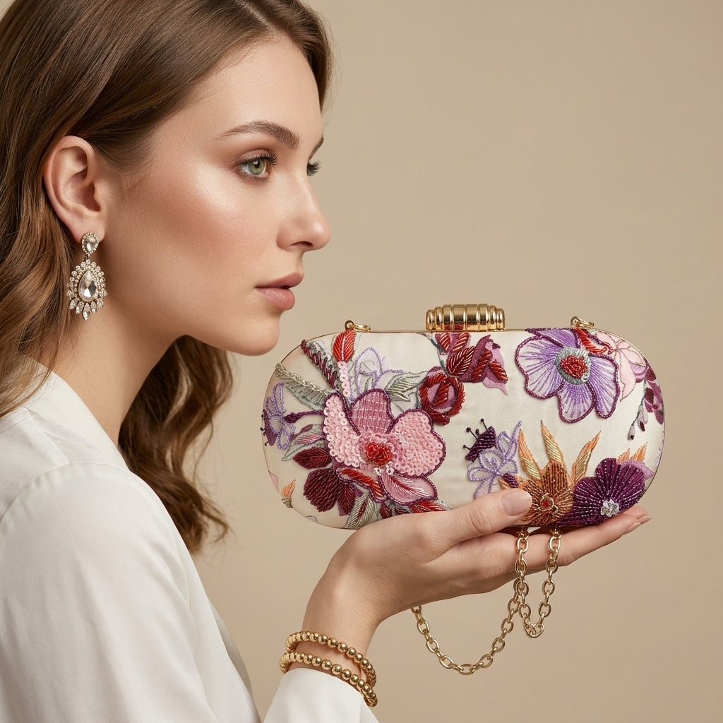 Prisha Classic — Satin Printed Embroidered Clutch - Front View | SWIS-3663