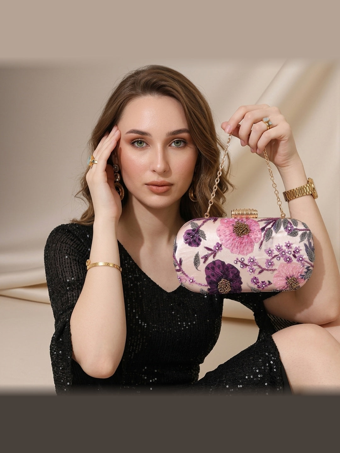 Shantala — Satin Printed Embroidered Clutch - Front View | SWIS-3665