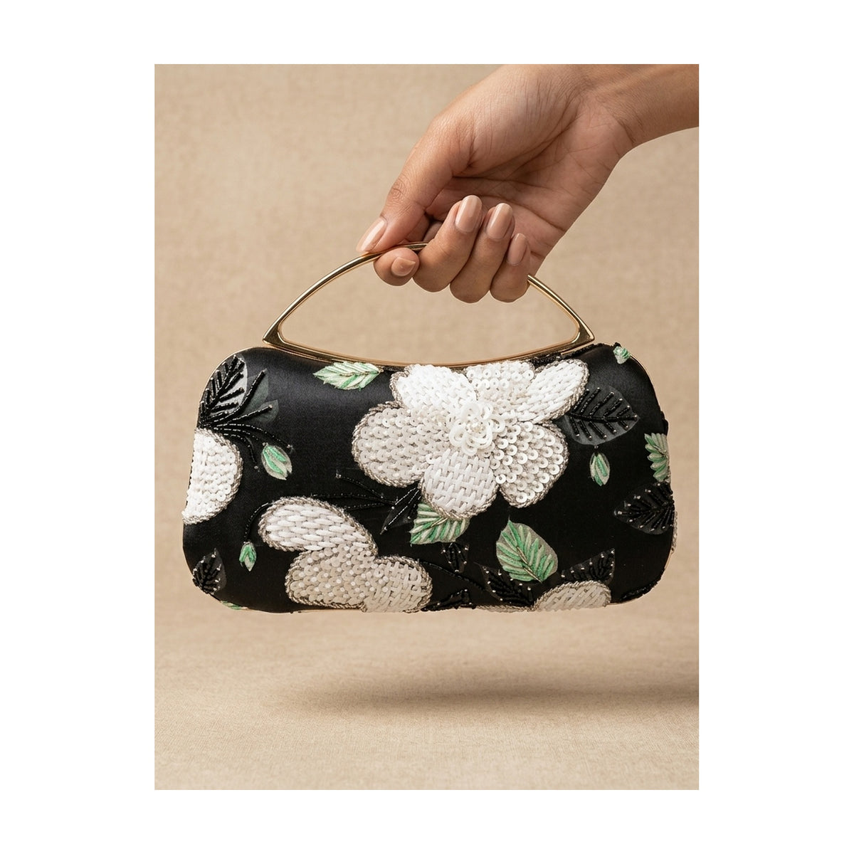 Sarika Black — Satin Printed Embroidered Clutch - Front View | SWIS-3670