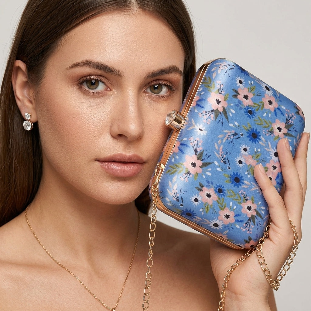 Poorvi Blue — Satin Printed Clutch