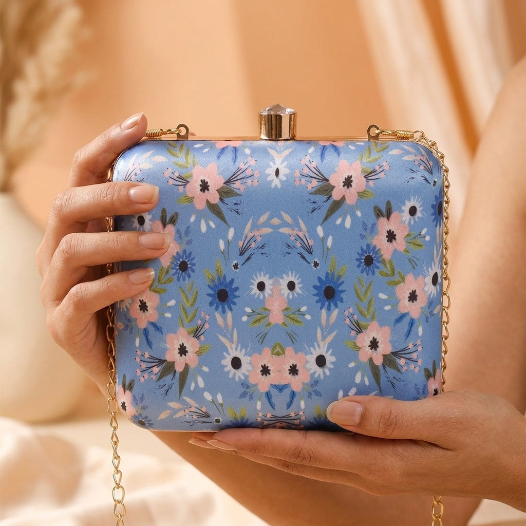 Poorvi Blue — Satin Printed Clutch