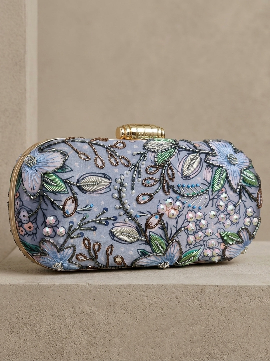 Madhulika — Satin Printed Embroidered Clutch - Front View | SWIS-3741