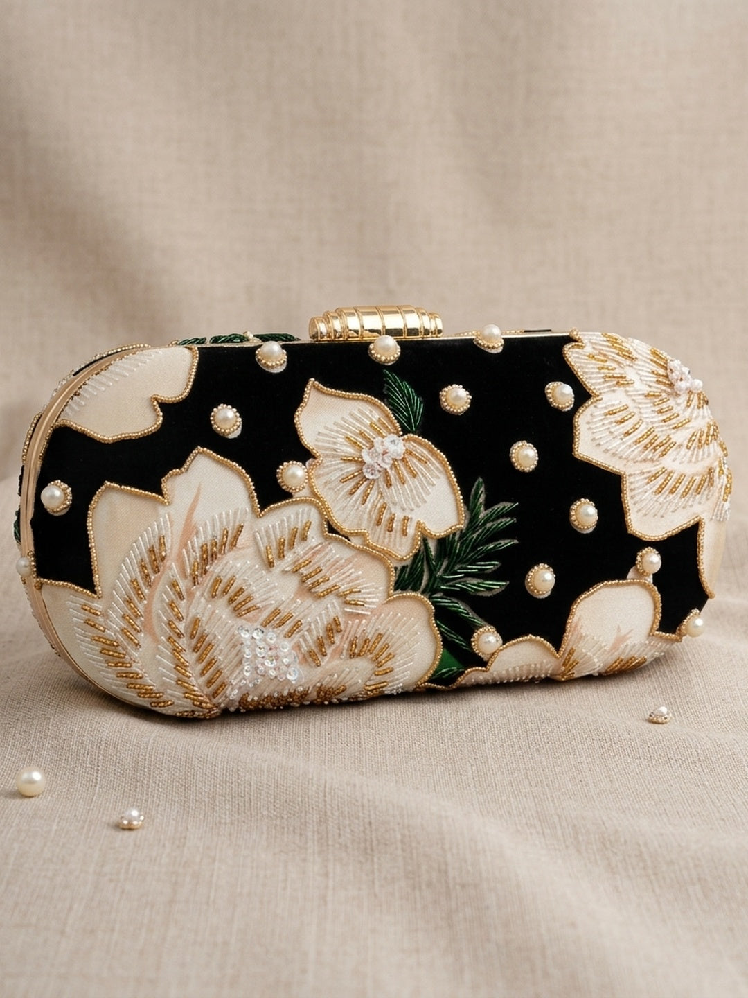 Mrinal Black Classic — Satin Printed Embroidered Clutch - Front View | SWIS-3742